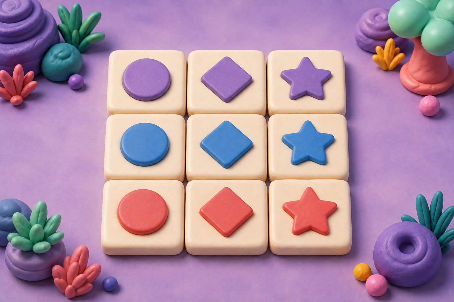 Nine square tiles in a legal board: rows share a color, columns share a shape